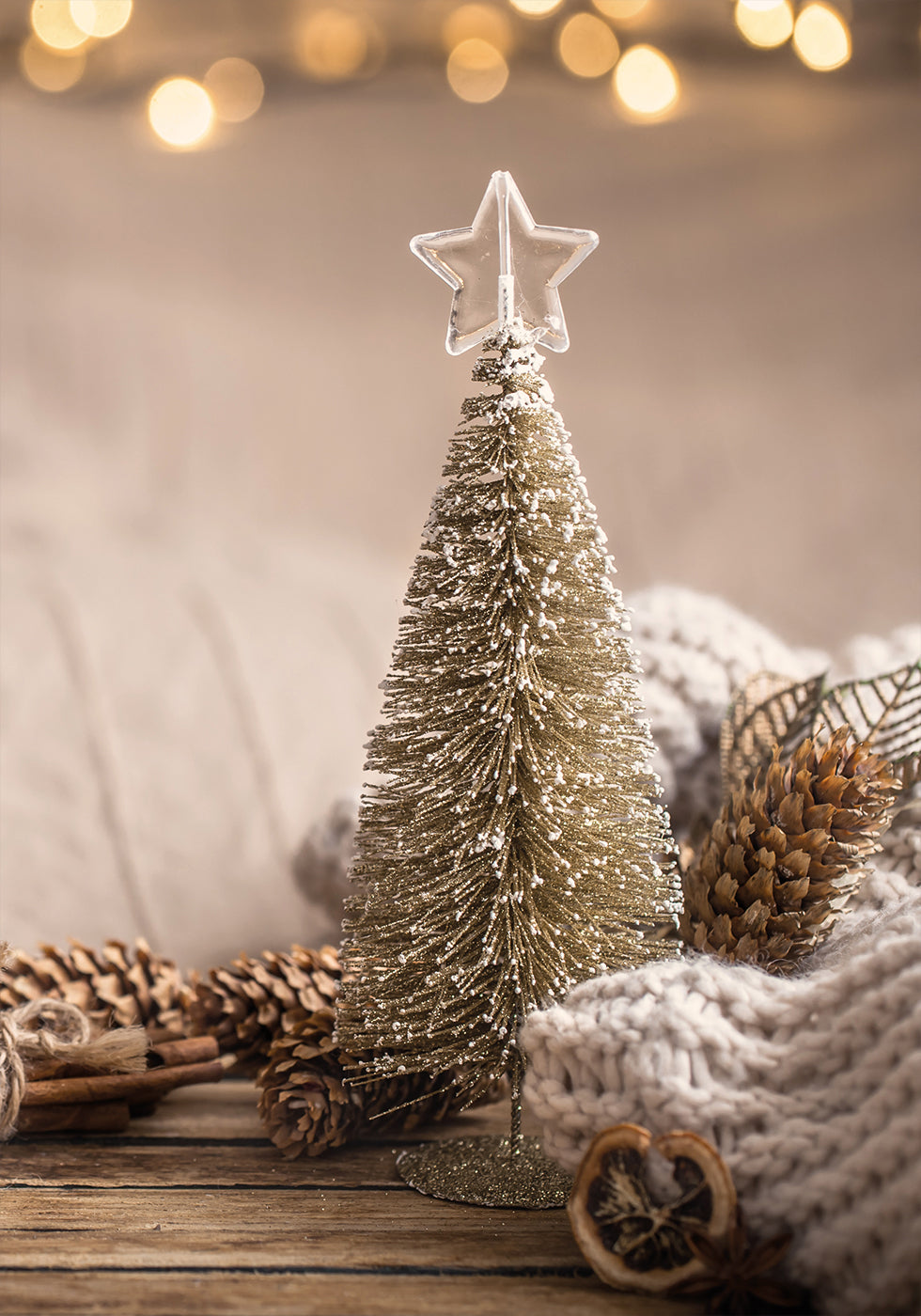 a small christmas tree sitting on top of a wooden table