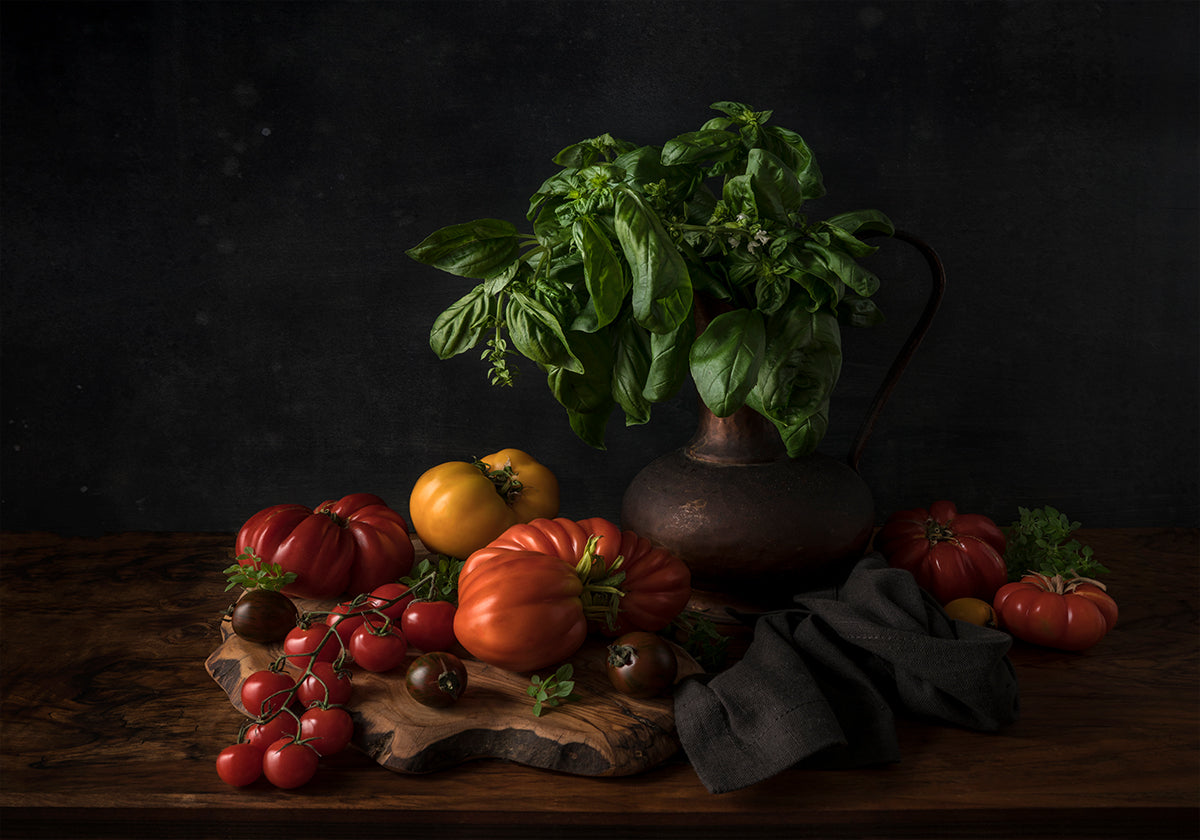 Still life with tomatoes and basil Plakat