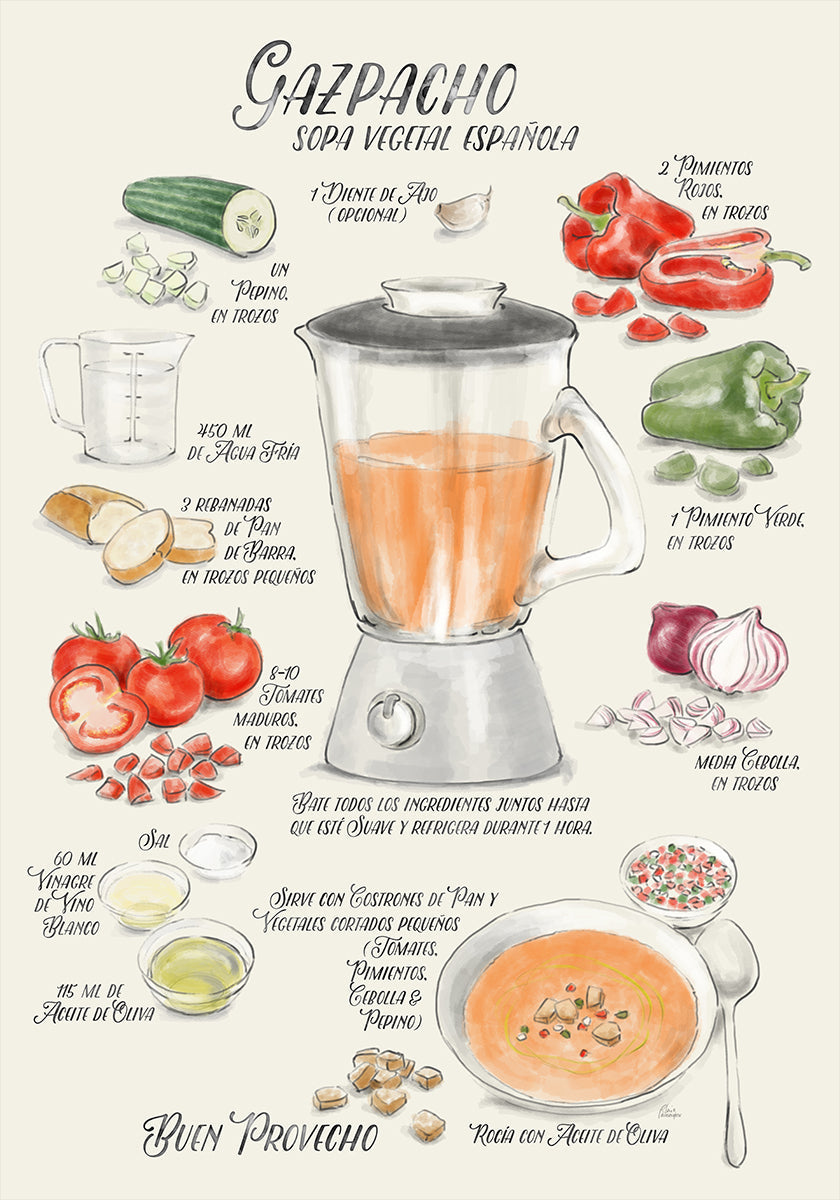 Gazpacho illustrated recipe in Spanish Plakat
