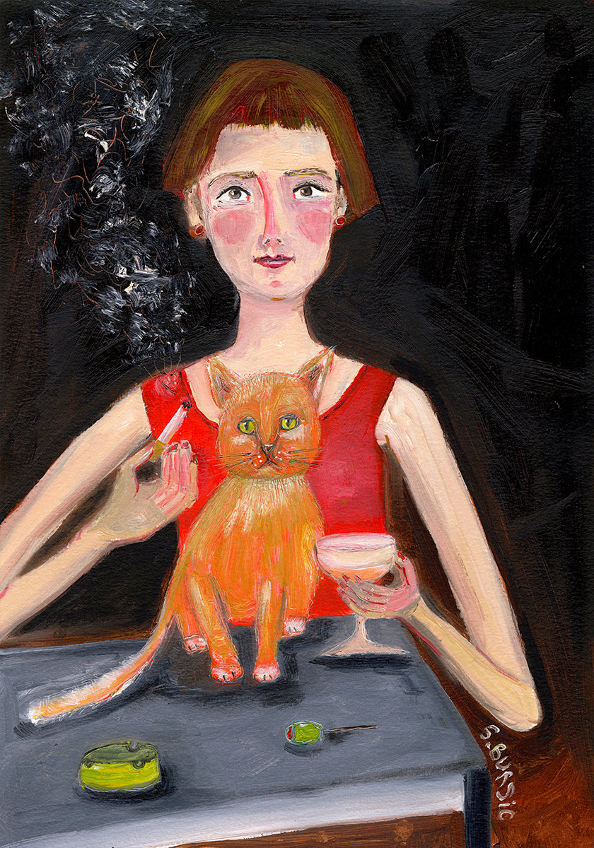 Vintage woman with cocktail and cat Plakat