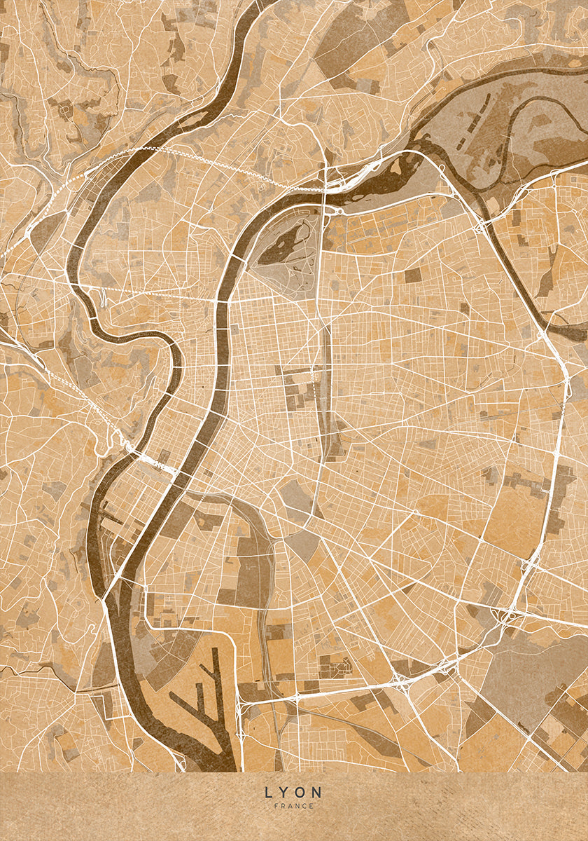 Sepia vintage map of Lyon France Plakat