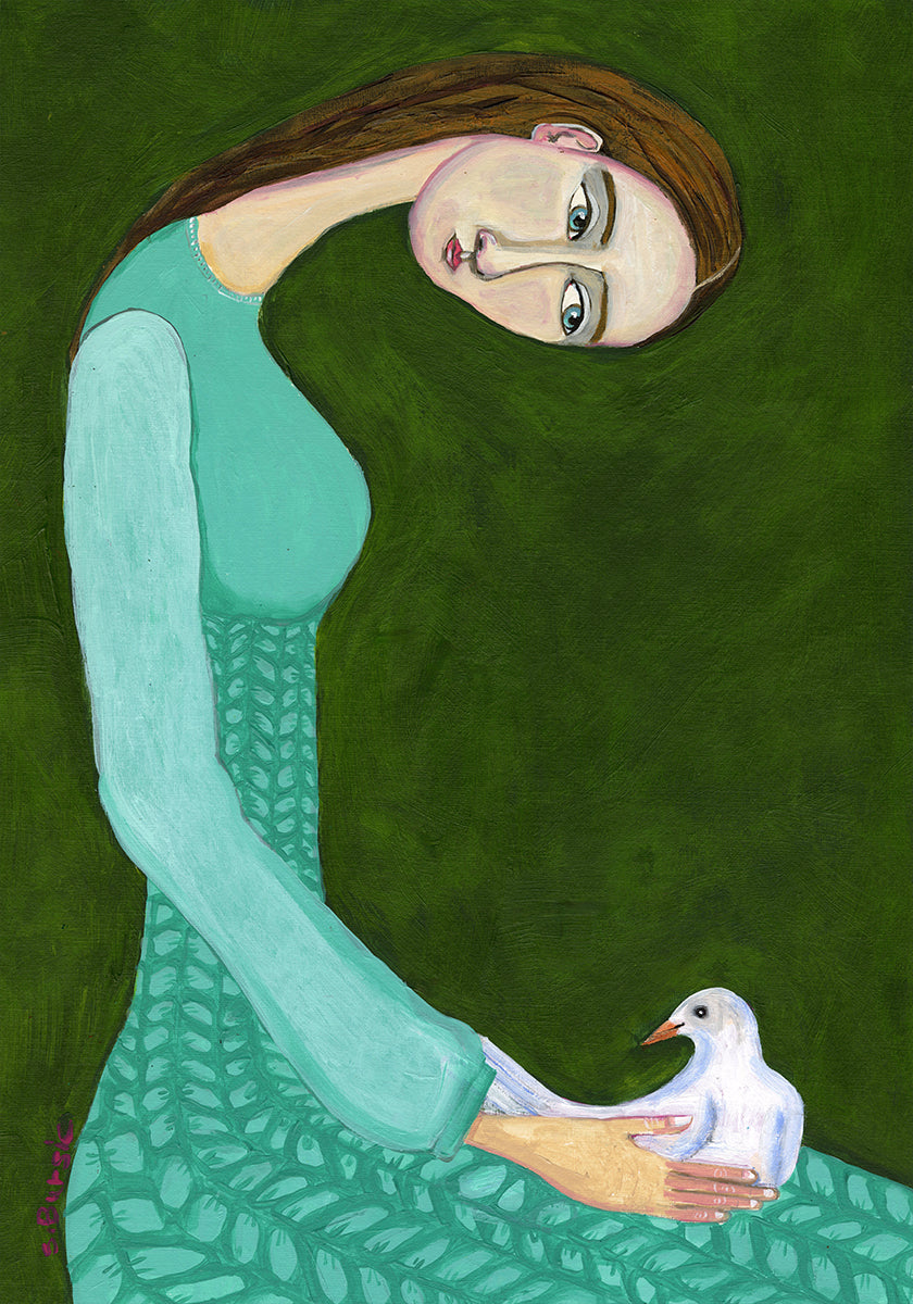 Lady sitting with white dove bird woman Plakat