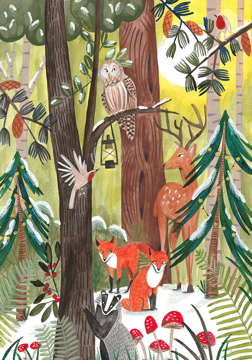 Green Christmas forest with animals Plakat