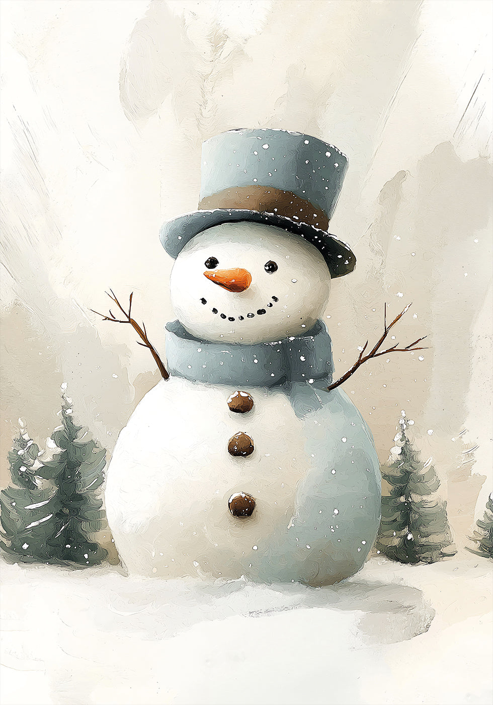 a painting of a snowman wearing a hat and scarf