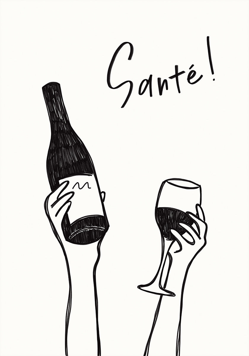 Hands holding a wine bottle and a wine glass with the text &quot;Cheers!&quot; in French Plakat