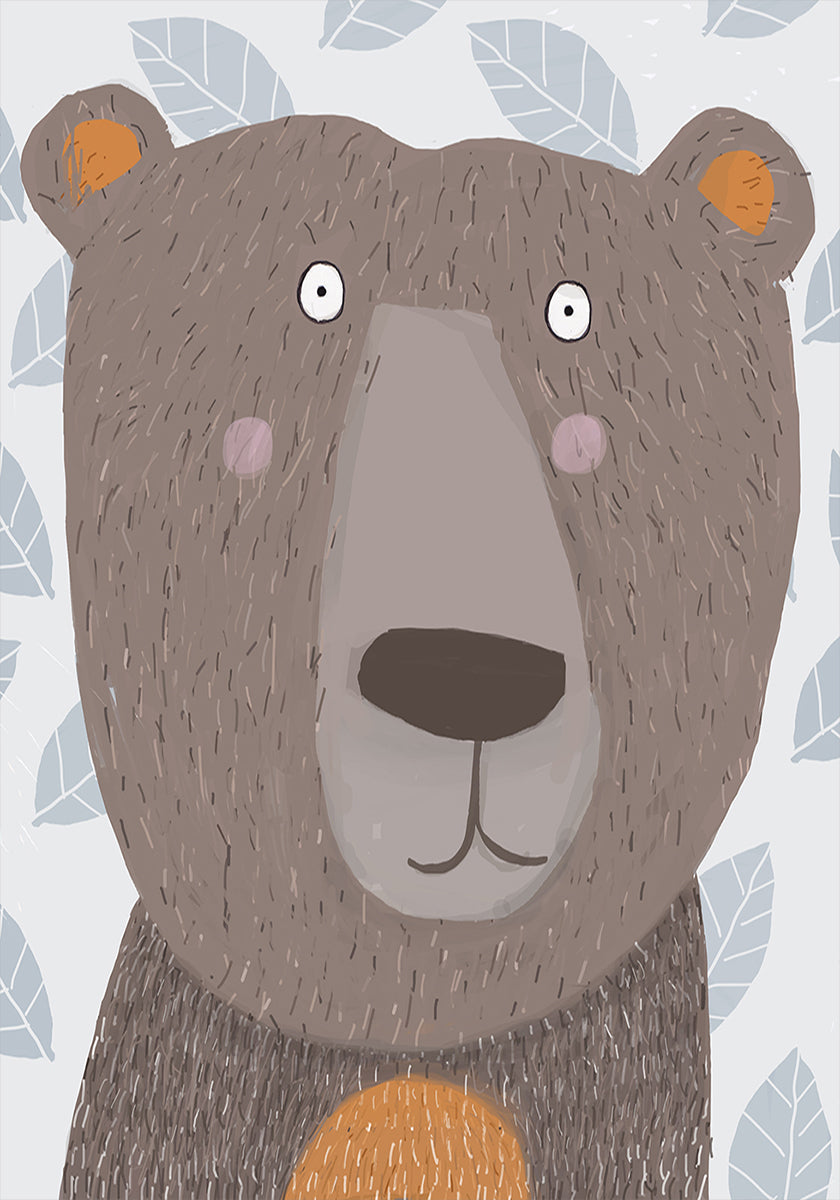 Cute Brown Bear with Grey Leaf Pattern by Artist Carla Plakat