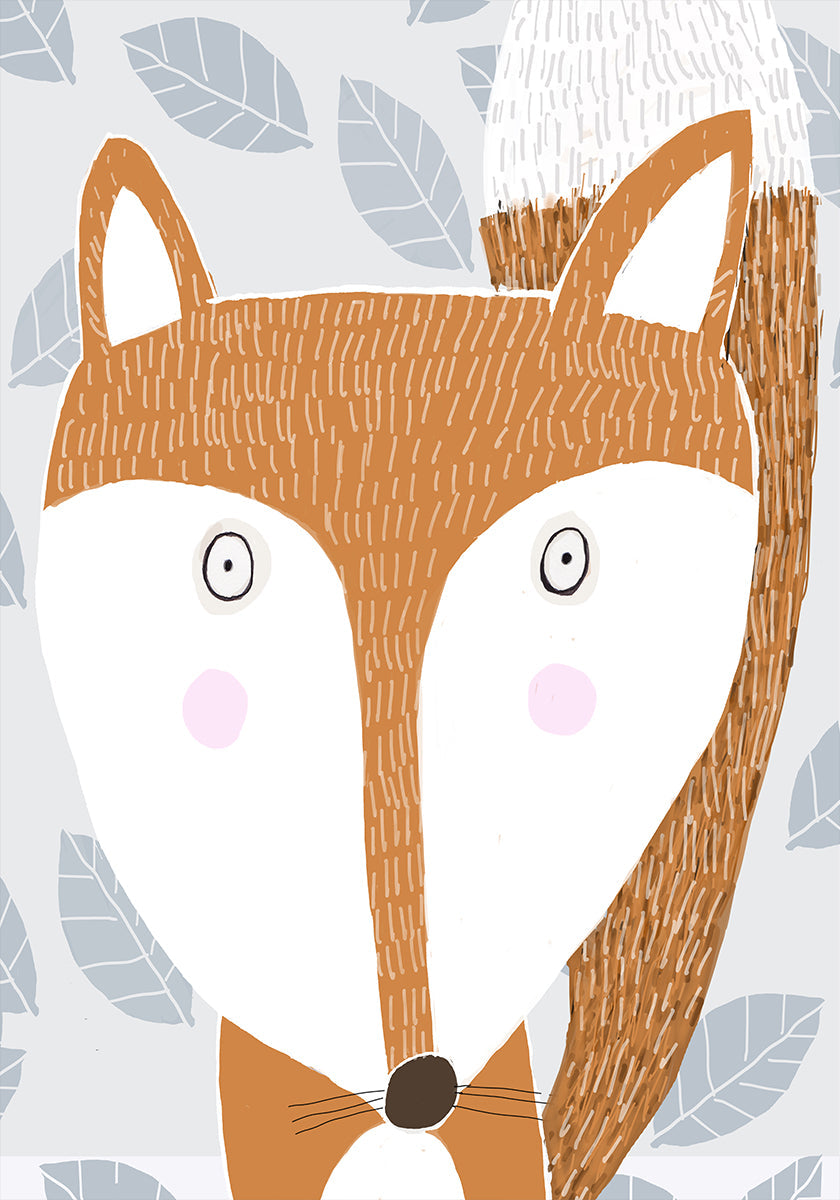 Cute Red Fox with Grey Leaf Pattern by Artist Carla Daly Plakat