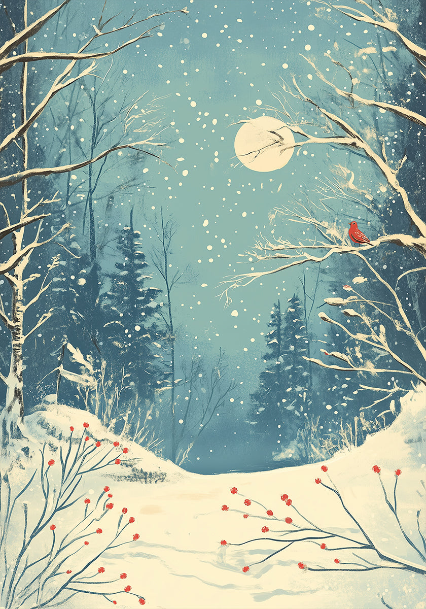 Red Bird in Snowy Forest Plakat