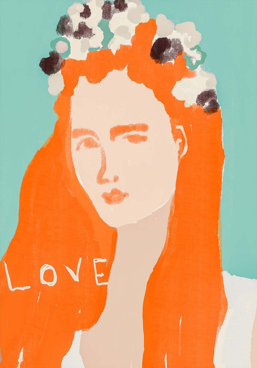 Woman with Orange Hair Adorned with Flowers Plakat