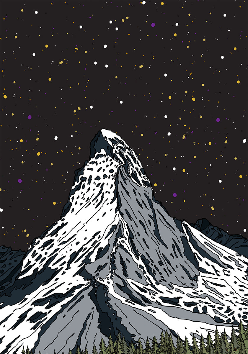 Snowy Mountain Under a Starry Night Sky Plakat