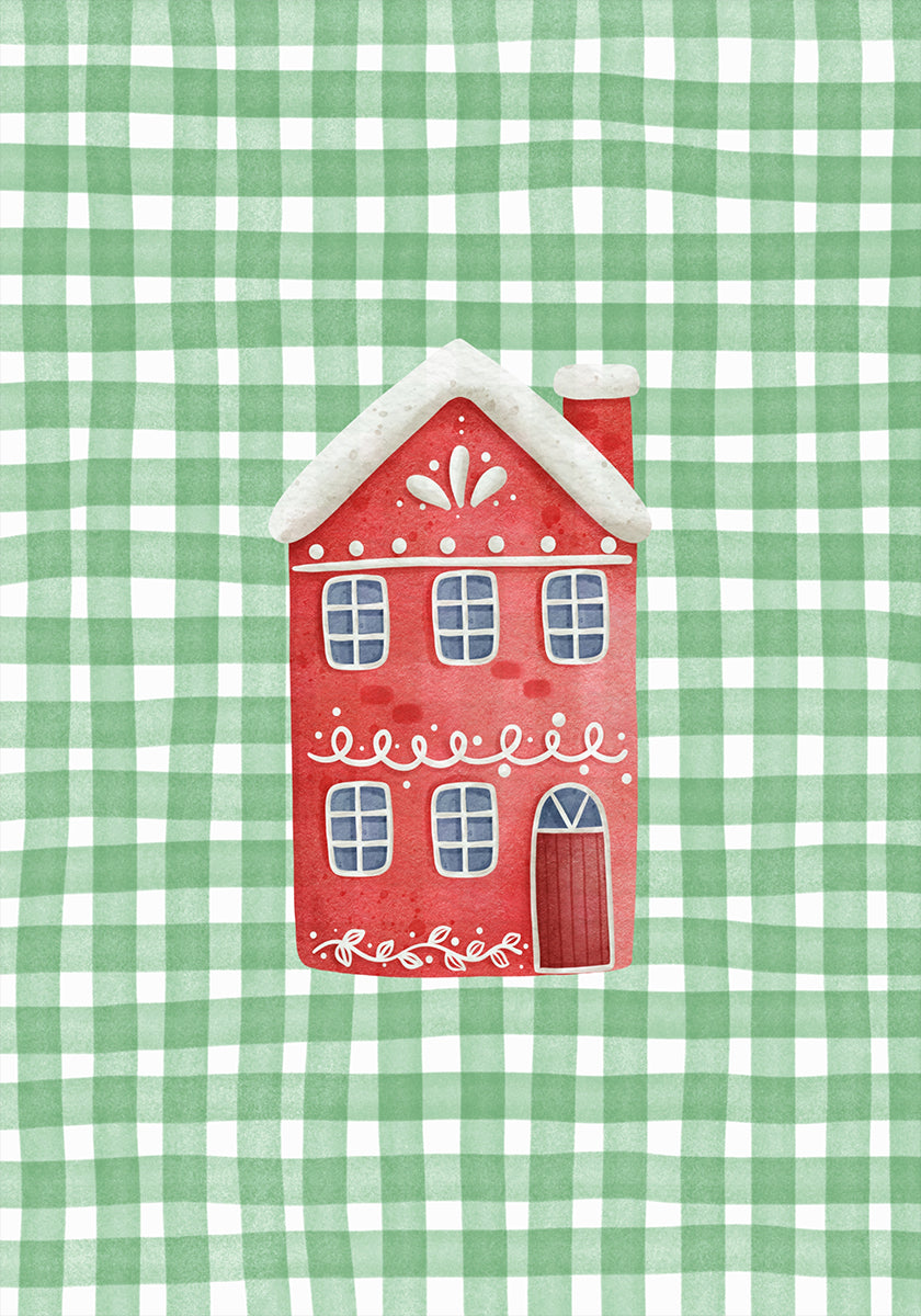 Cute Red Christmas House On Green Checks Plakat