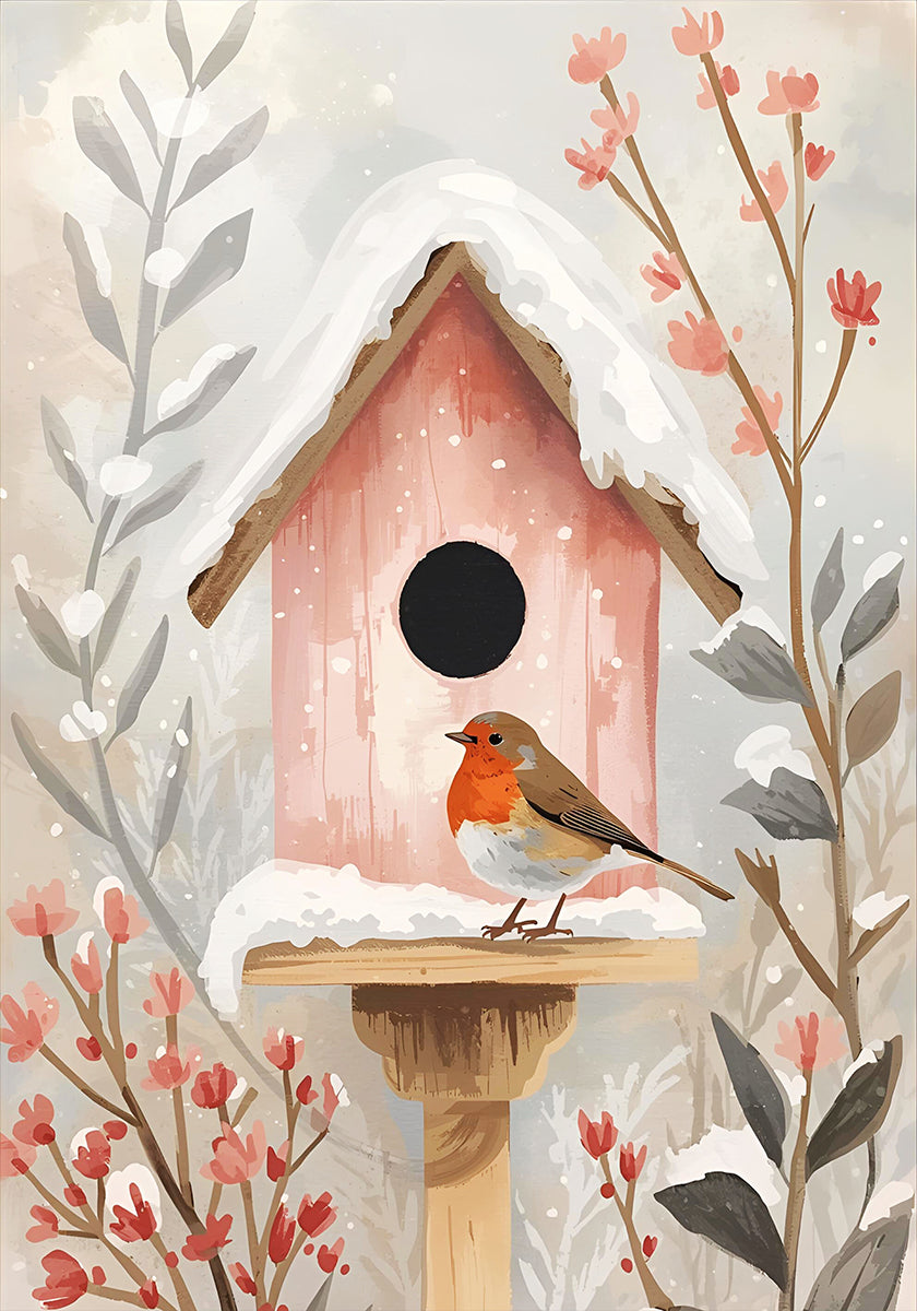 Vogelhaus mit Rotkehlchen und Pflanzen Plakat