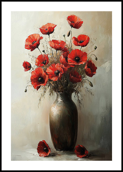 a painting of red flowers in a vase