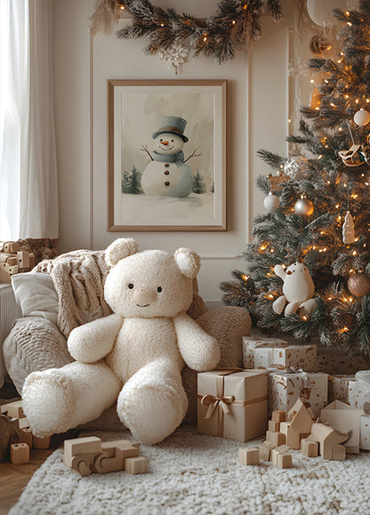 a teddy bear sitting next to a christmas tree