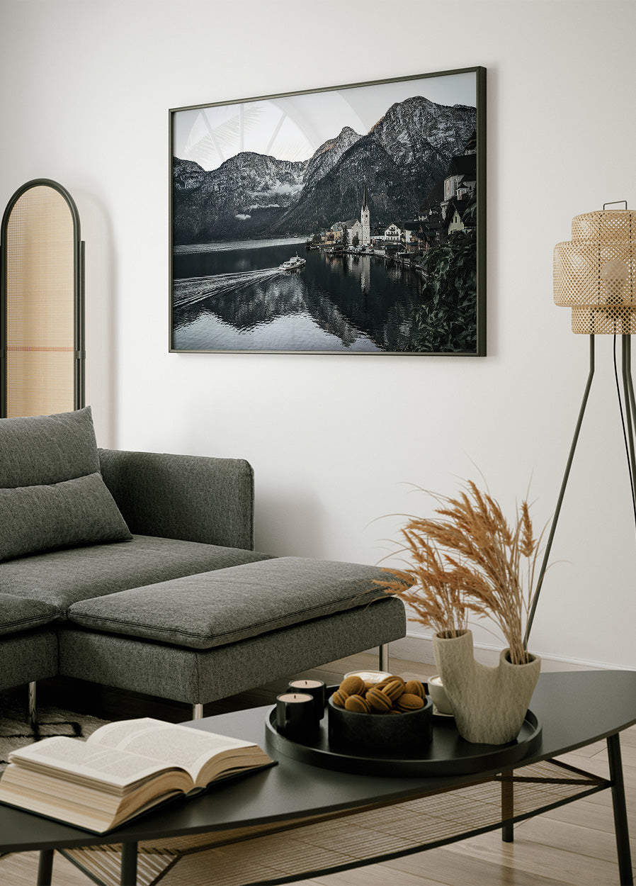 Serene Mountain Village Reflection Plakat - Posterbox.dk