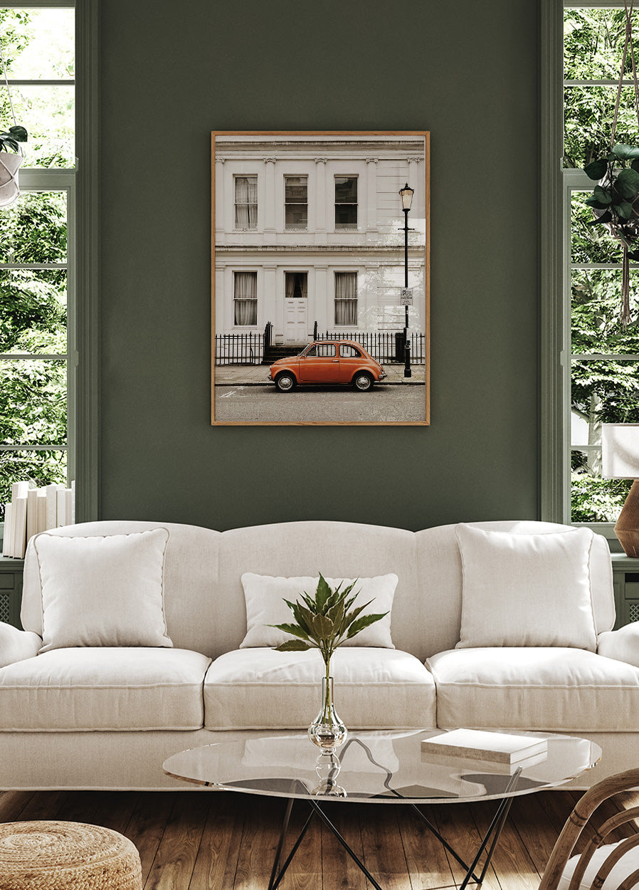 Charming Urban Scene with Orange Car Plakat - Posterbox.dk