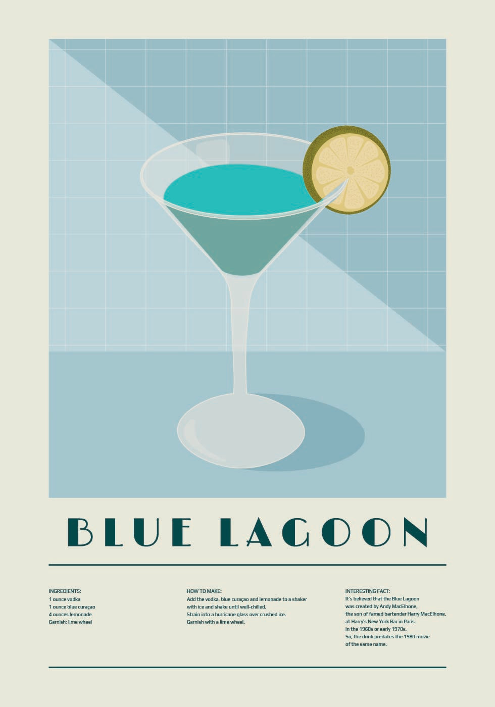 Blue Lagoon Cocktail, Recipe Art Plakat