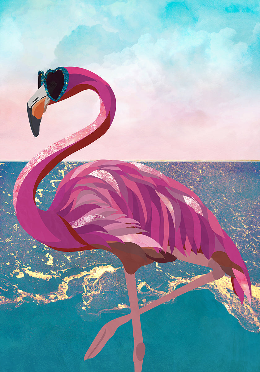 Flamingo goes to the beach Plakat