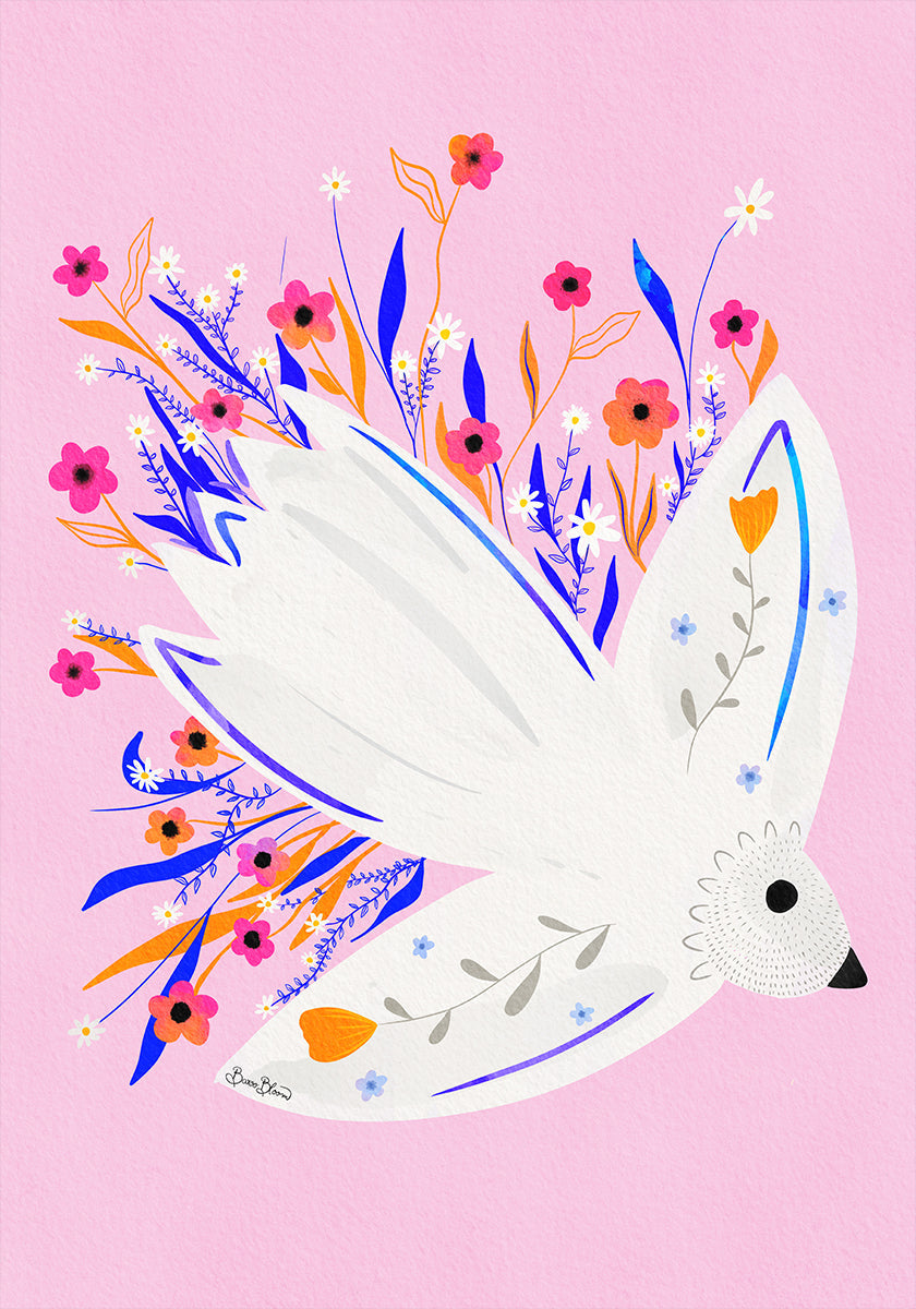 Bird in Flowers Pink illustration Plakat