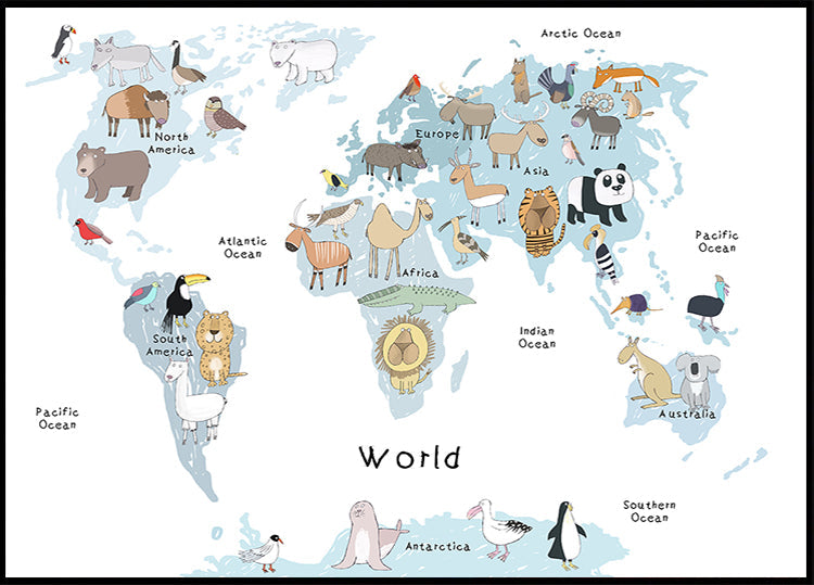 Illustrated Map of the World with Cute Animals Plakat
