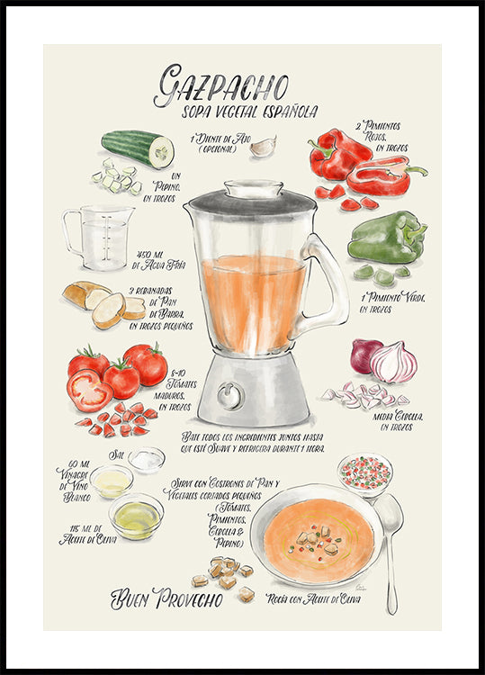 Gazpacho illustrated recipe in Spanish Plakat