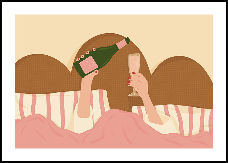 Champagne In Bed Illustration Plakat