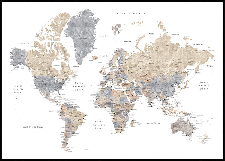 Watercolor world map with cities, Gouri Plakat
