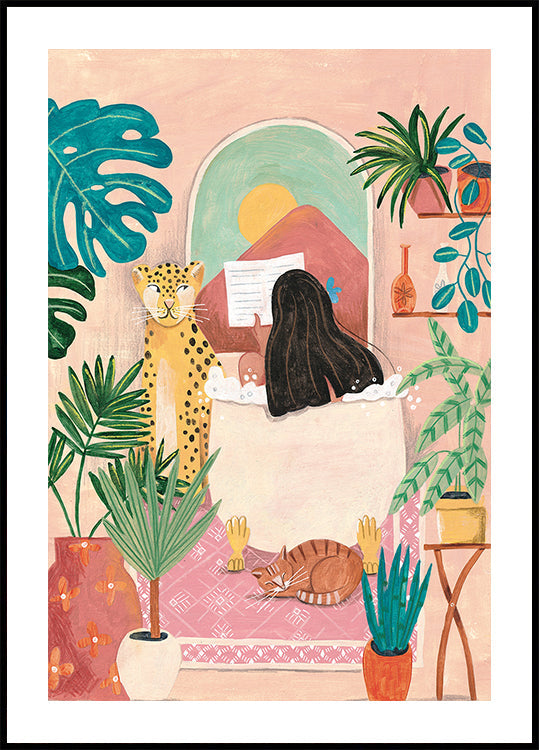 Woman taking bath in pink tropical bathroom Plakat