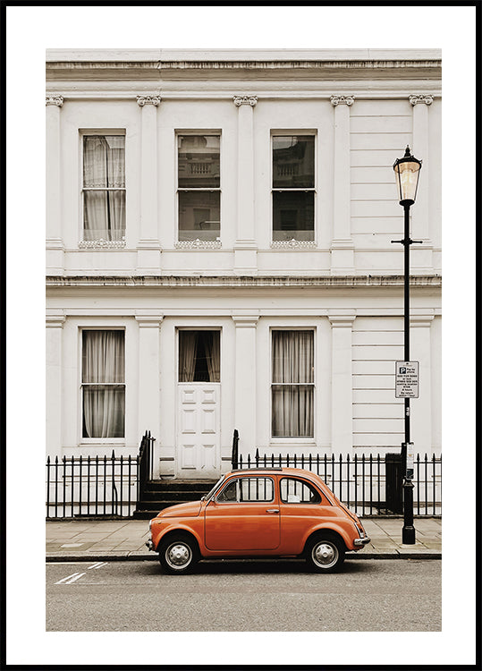 Charming Urban Scene with Orange Car Plakat - Posterbox.dk