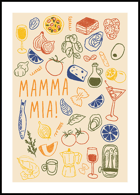 Mamma Mia!, Playful Italian Kitchen With Colorful Food Illustrations Plakat