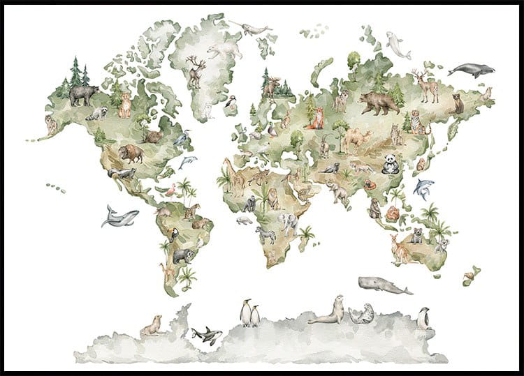 Animal World Map Plakat - Posterbox.dk