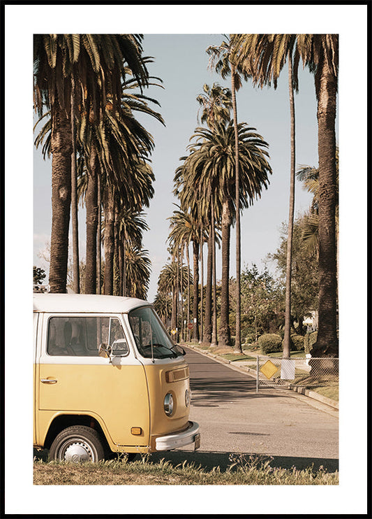 Vintage Yellow Van Among California Palm Trees Plakat