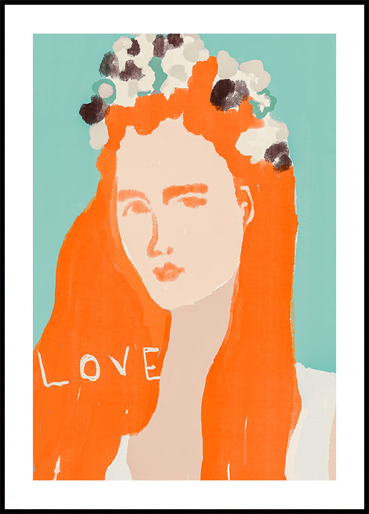 Woman with Orange Hair Adorned with Flowers Plakat