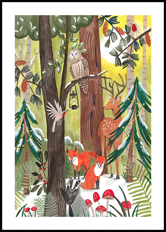 Green Christmas forest with animals Plakat