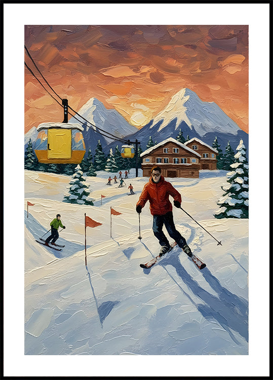 Skiing at sunset Plakat