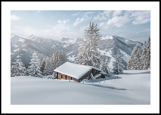 Snow-Covered Mountain Cabin Plakat