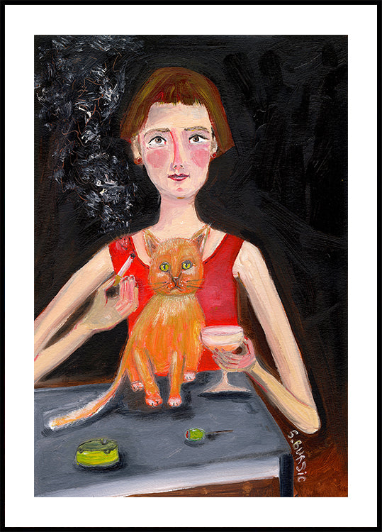Vintage woman with cocktail and cat Plakat