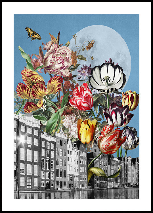 Vibrant Tulips And Intricate Butterflies Plakat