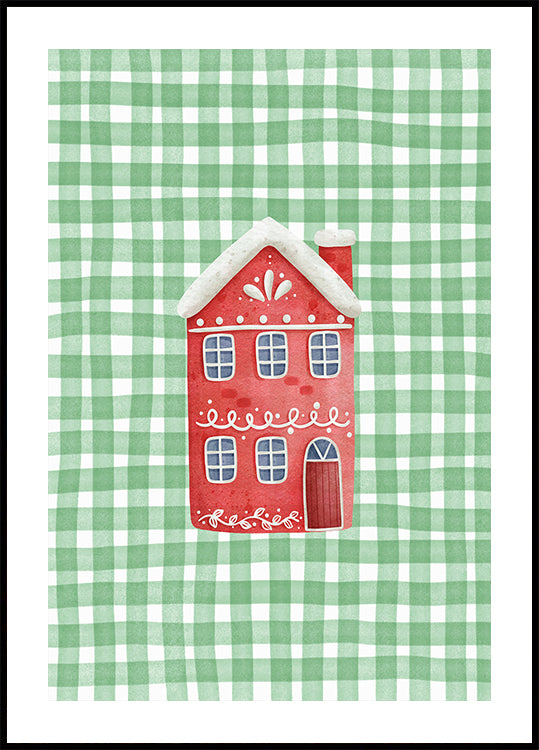 Cute Red Christmas House On Green Checks Plakat