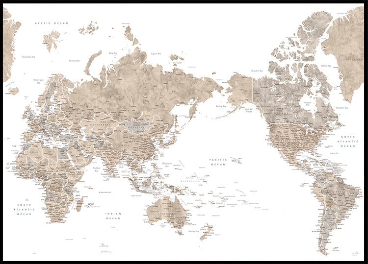 Pacific centered world map in taupe Plakat
