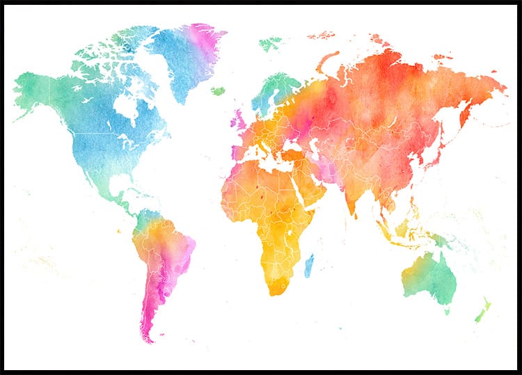 Multicolor Watercolor World Map Plakat - Posterbox.dk