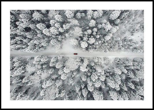 Red Car Driving Through Snowy Forest Plakat