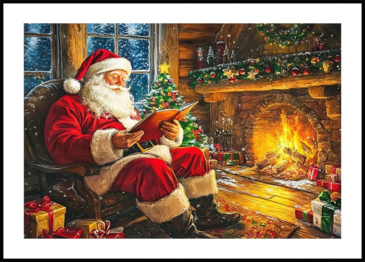 Santa Claus Reading by the Fireplace Plakat