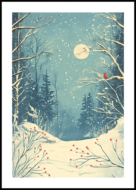 Red Bird in Snowy Forest Plakat