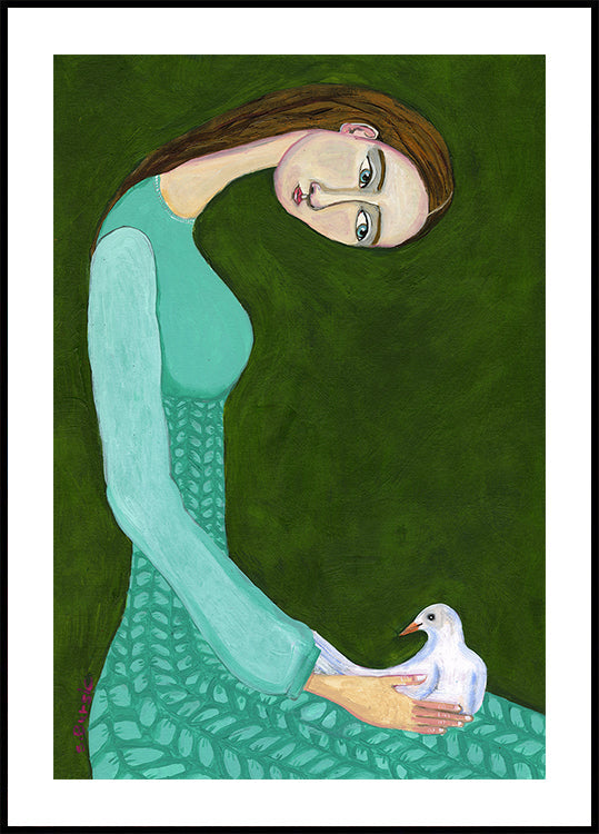 Lady sitting with white dove bird woman Plakat