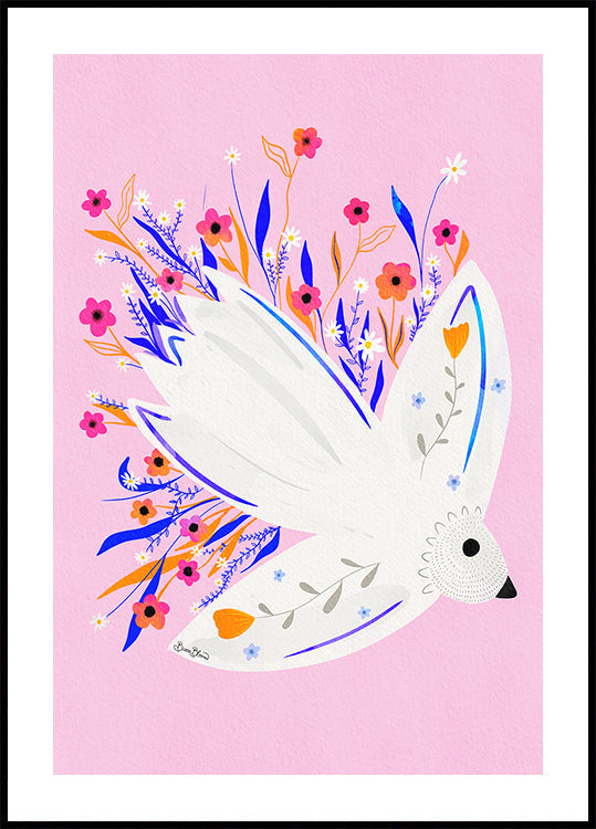 Bird in Flowers Pink illustration Plakat