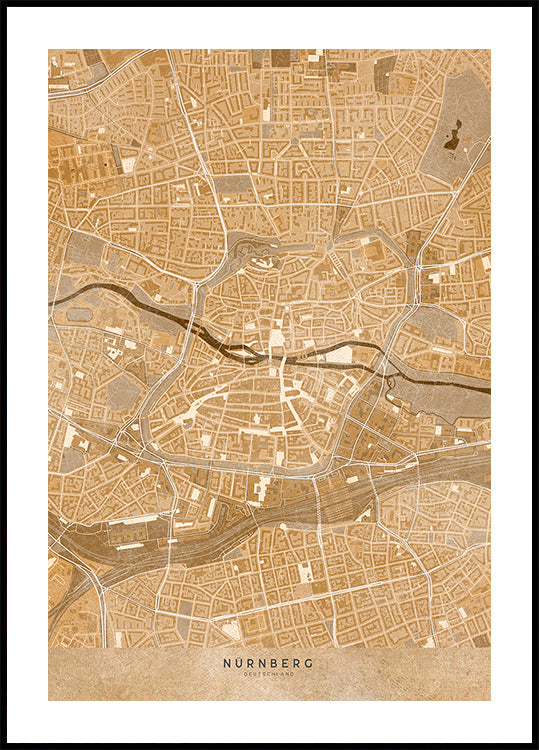 Sepia vintage map of Nürnberg downtown Germany Plakat