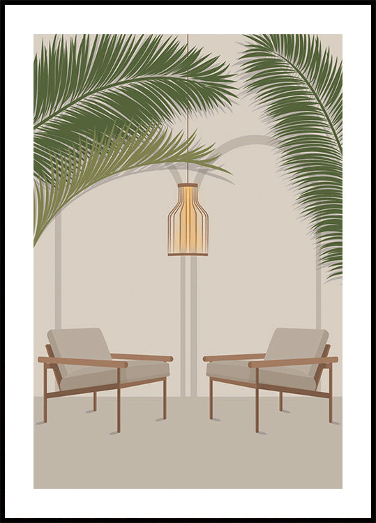 Free Your Mind 1, Modern Tropical Lounge with Palm Leaves and Chairs Plakat