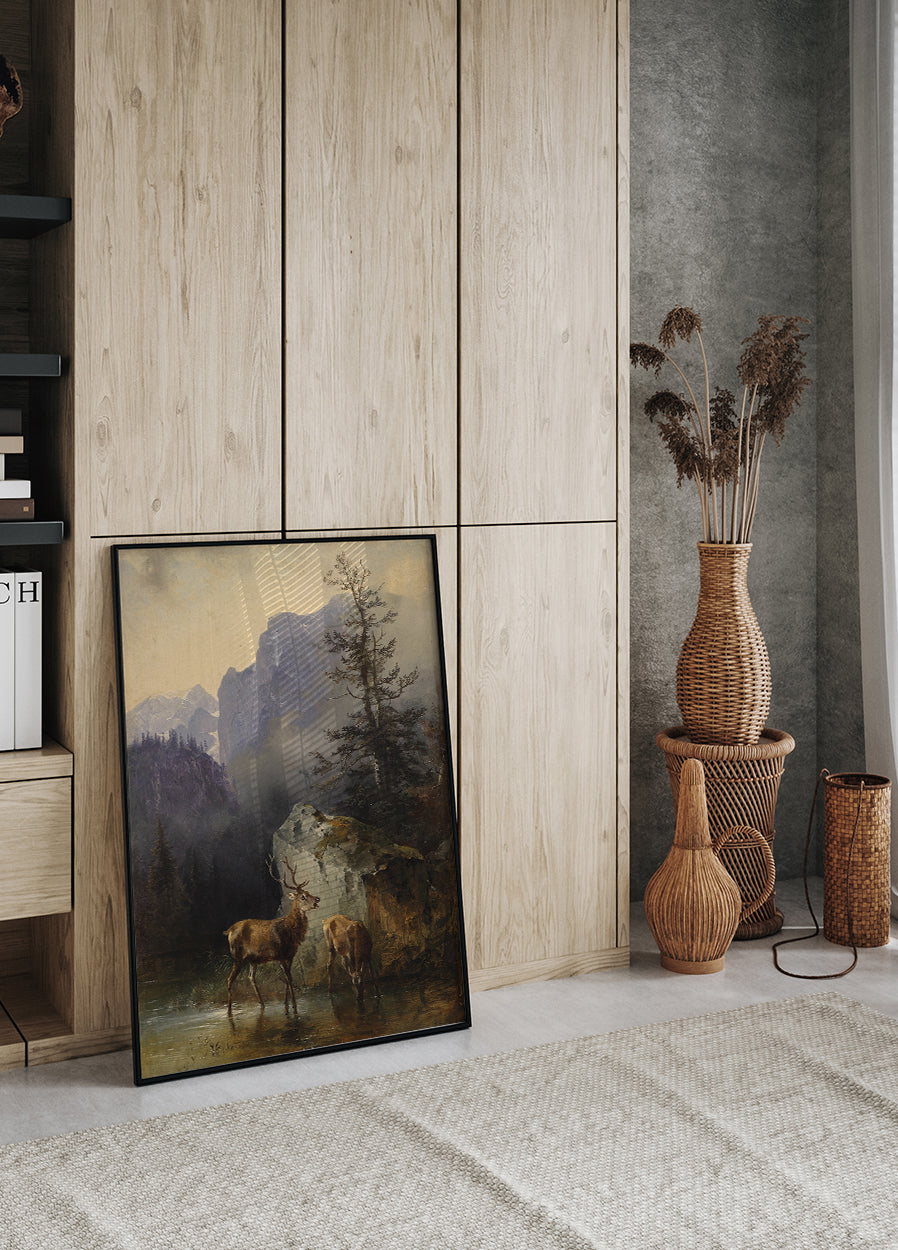 Hirsch Und Tier An Der Tränke By Friedrich Gauermann Plakat - Posterbox.dk