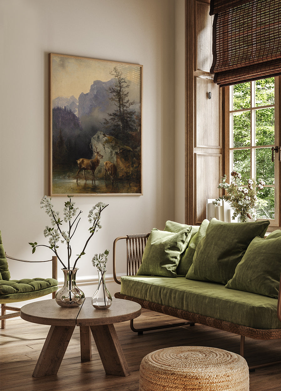 Hirsch Und Tier An Der Tränke By Friedrich Gauermann Plakat - Posterbox.dk